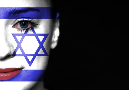 a woman's face painted as the flag of Israel