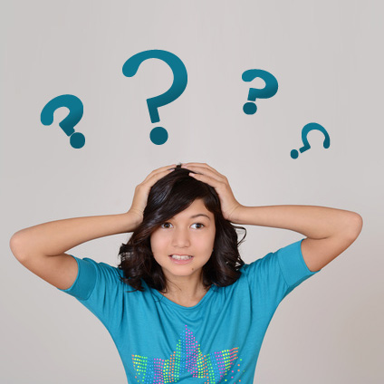 a confused girl holding her head, surrounded by question marks