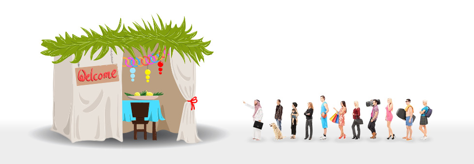 a long line of people at the entrance to the Sukkah