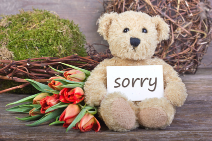 a teddy bear with a sign that says 'Sorry'